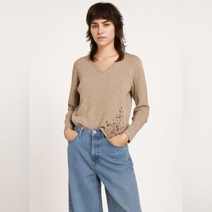Northern Reflections brown V-Neck Sweater with Floral Embroidery medium